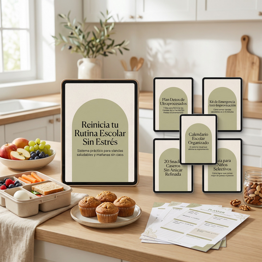 Ebook "Reinicia tu Rutina Escolar Sin Estrés" con 5 bonos gratuitos, presentado en un atractivo mockup.